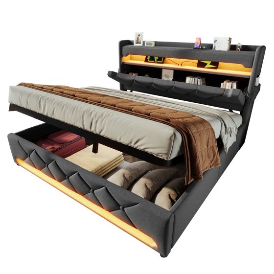 Verhoiltu parisänky, 180x200cm, 360 LED, hydraulinen säilytystila, harmaa pellava