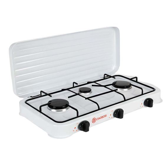 Kolmiliekkinen kaasuliesi manuaalisella sytytyksellä ja taitettavalla kannella