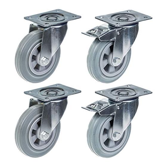 160mm 6" pyöräteline harmaalla kumirenkaalla, kääntyvä ja jarrullinen, vahva 540kg kantavuus, 4 kpl:n sarja.
