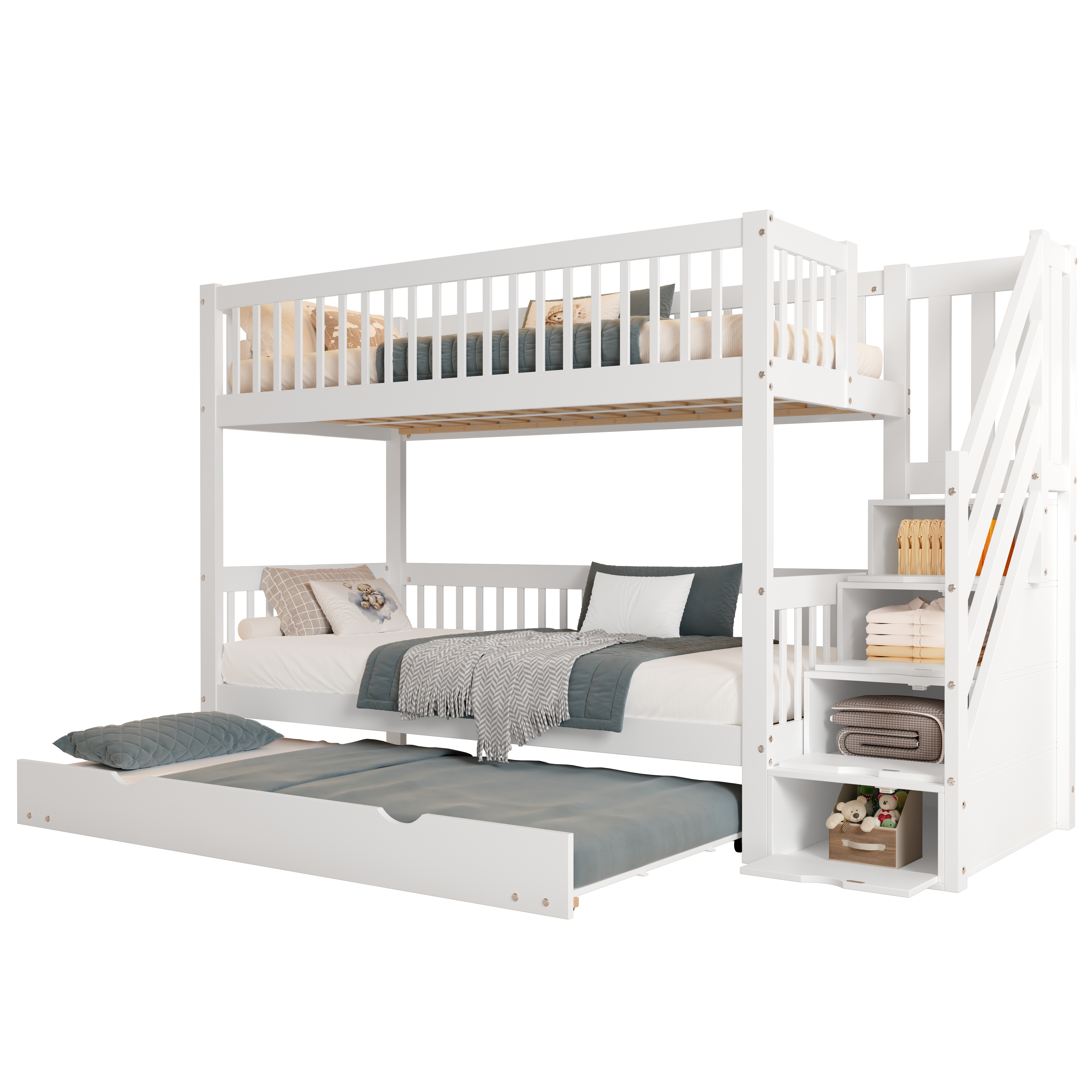 Etagenbett 90x200 cm turva-aidat kaikilla puolilla säilytystila laatikko valkoinen puinen ja MDF