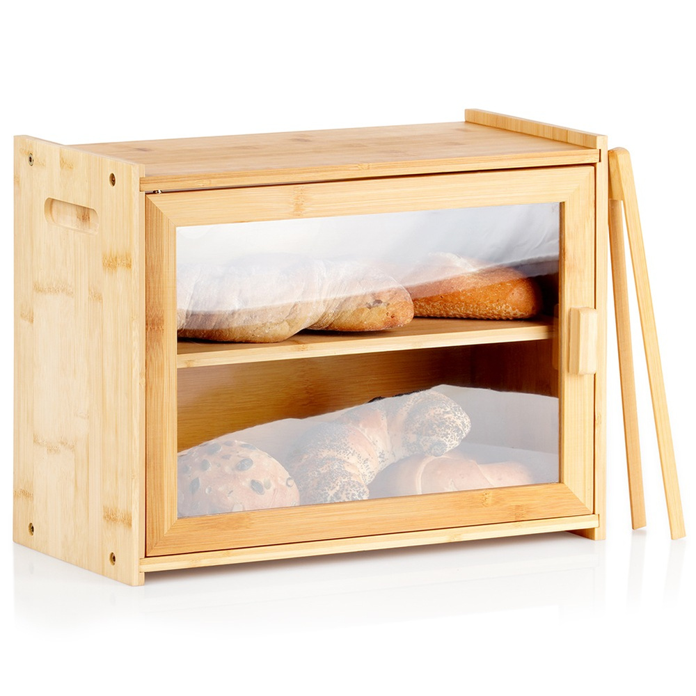 Bambuinen leipälaatikko pihdeillä, kaksikerroksinen, 40x20x31 cm