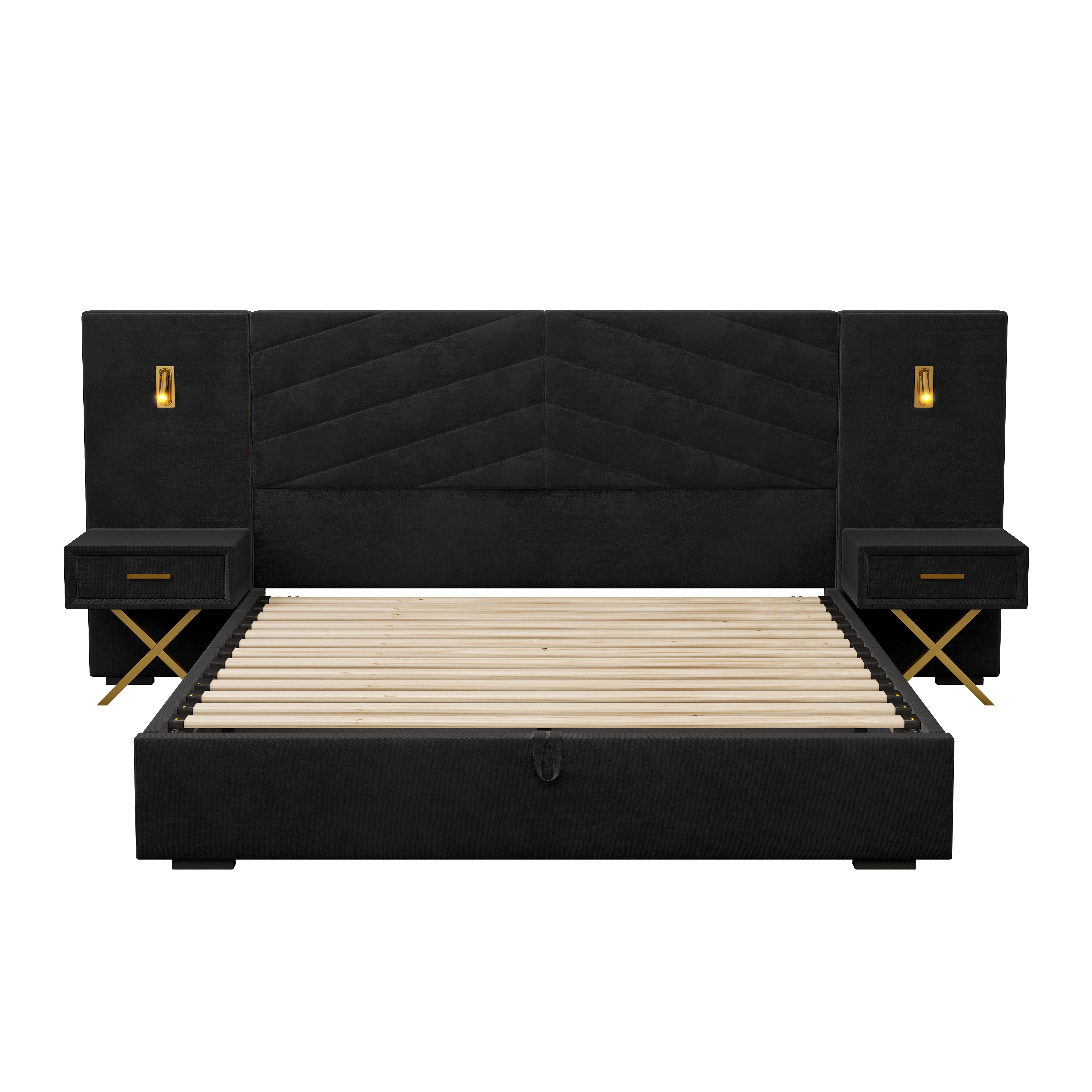 Sänky 266x205 cm turva-aidat säilytystila LED-valaistus musta puinen