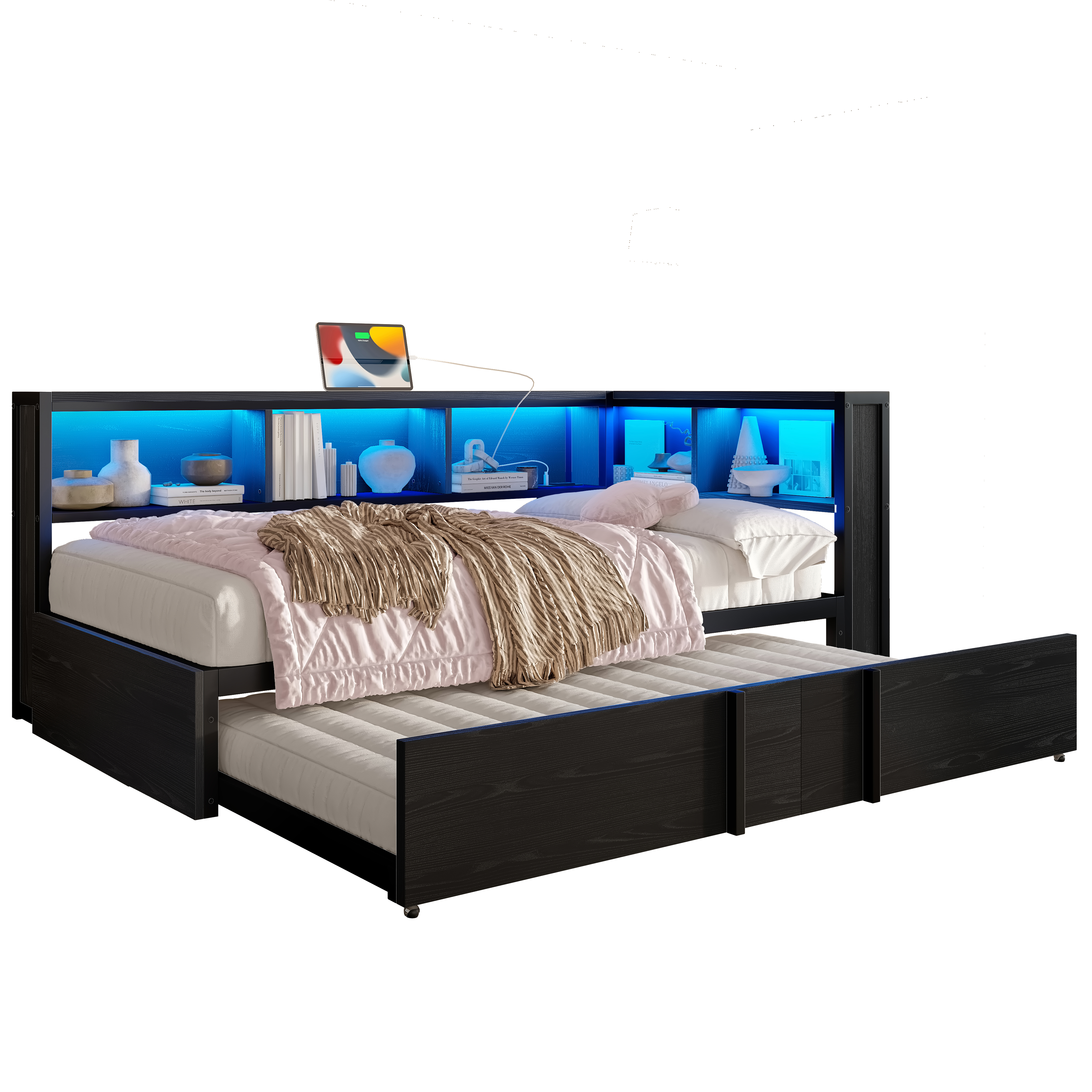 sänky 90x200 cm turva-aidat säilytystila LED-valaistus USB-liitännät musta MDF+metalli