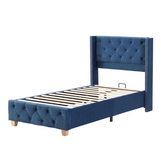 Verhoiltu Sänky 90 x 200 cm, Sininen Sametti, Napit + Niitit + Puiset Jalat