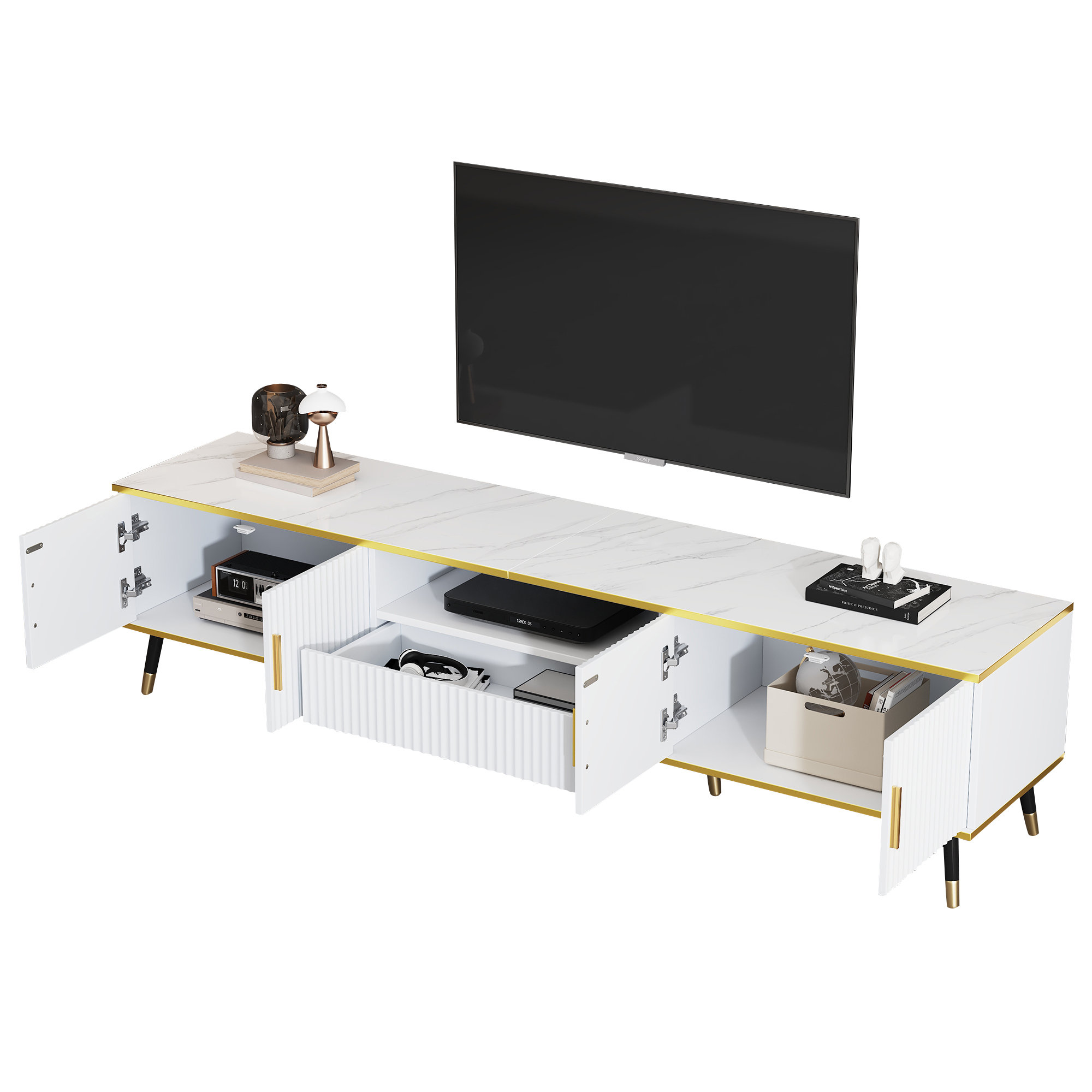 TV-taso 200x40x46 cm valkoinen lastulevy säilytyksellä ja liukuovilla