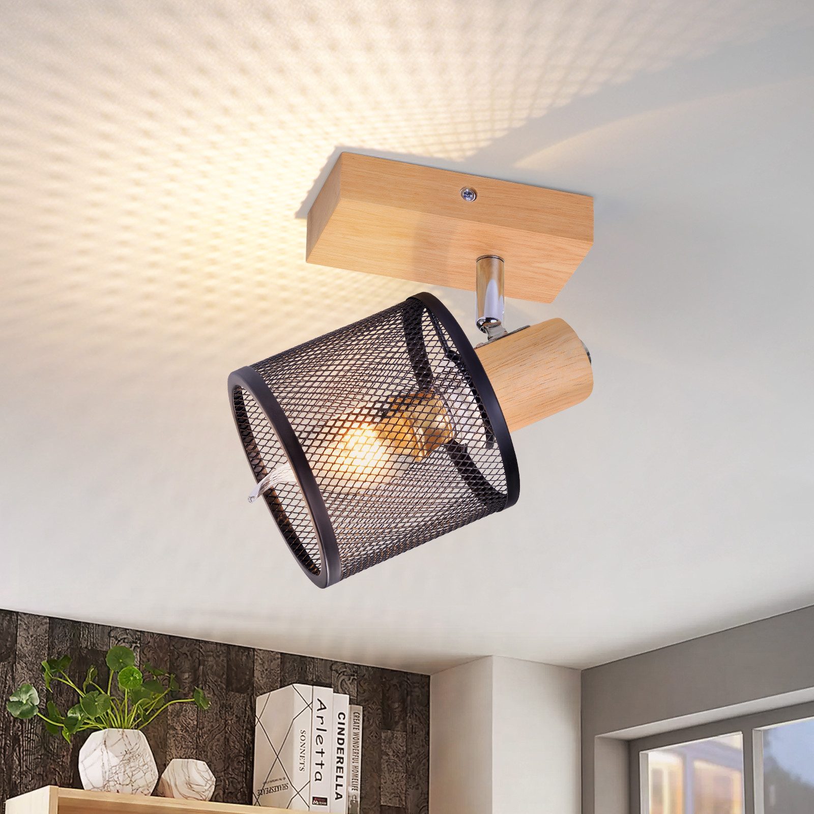 NETTLIFE Kattovalaisin 1 piste, musta puukuvio - kattovalaisin E14, säädettävä 350°, 4 lamppua, max 40 W, moderni olohuoneeseen, makuuhuoneeseen