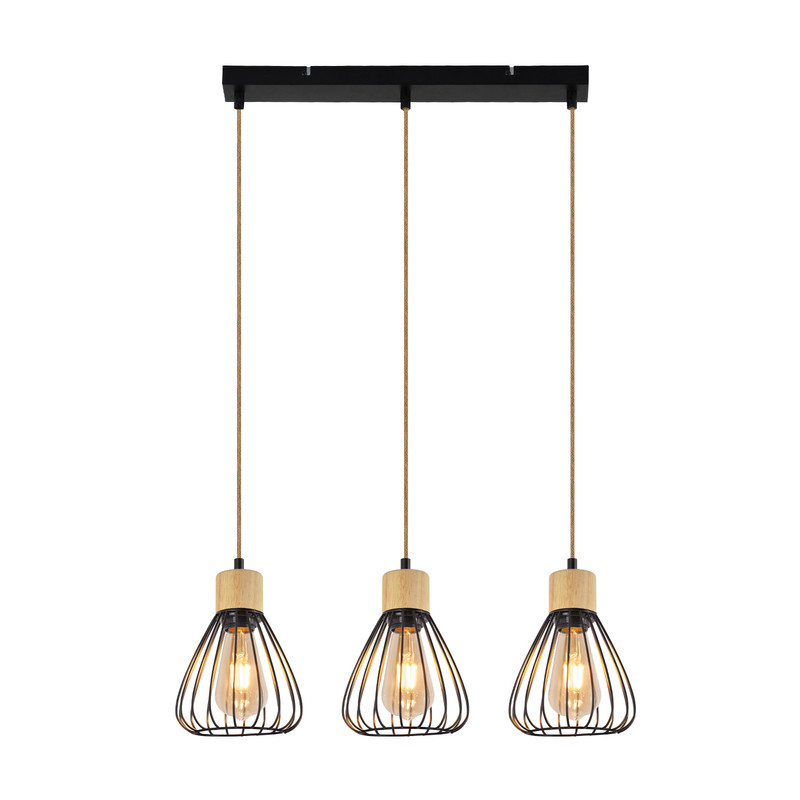 NETTLIFE-riippuvalaisin, vintage-tyylinen teollinen retro-olohuoneen riippuvalaisin, puuta ja hamppuköyttä, musta metalli, 3 liekkiä, E27