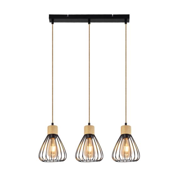 NETTLIFE-riippuvalaisin, vintage-tyylinen teollinen retro-olohuoneen riippuvalaisin, puuta ja hamppuköyttä, musta metalli, 3 liekkiä, E27