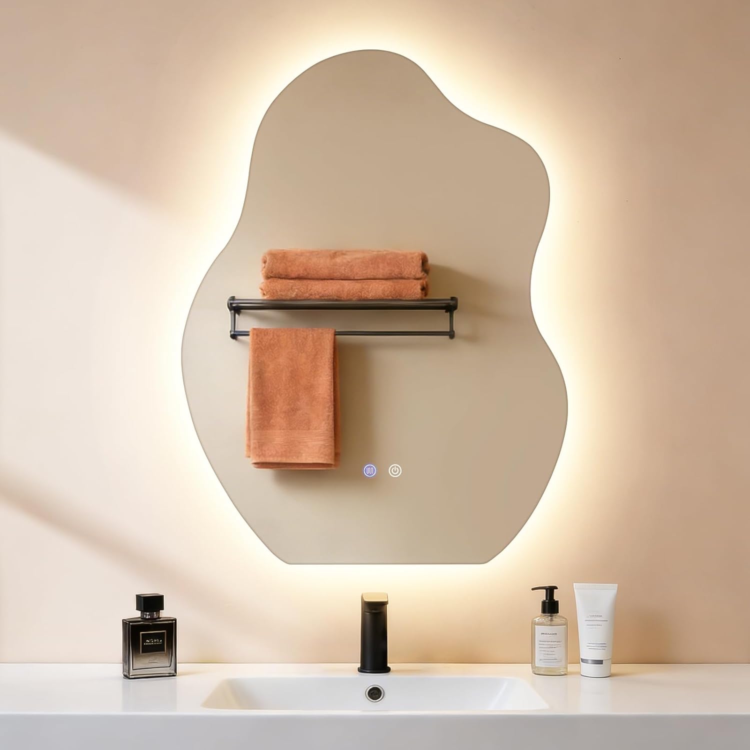 NETTLIFE Epäsymmetrinen LED-kylpyhuoneen peili 60x80cm, Kosketusohjaus, Huurtumaton, Himmennettävä 3000-6500K, IP44