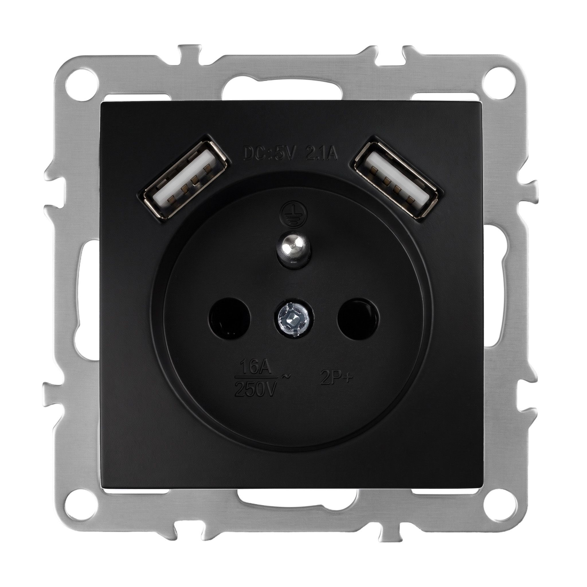 Toolight Yksiosainen maadoitettu pistorasia JNH003-G + 2x USB-A Musta 4, 8x7, 4x7, 4cm