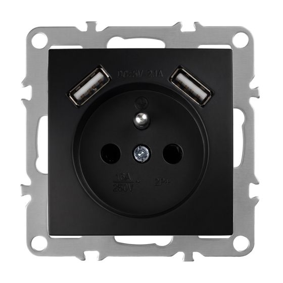 Toolight Yksiosainen maadoitettu pistorasia JNH003-G + 2x USB-A Musta 4, 8x7, 4x7, 4cm