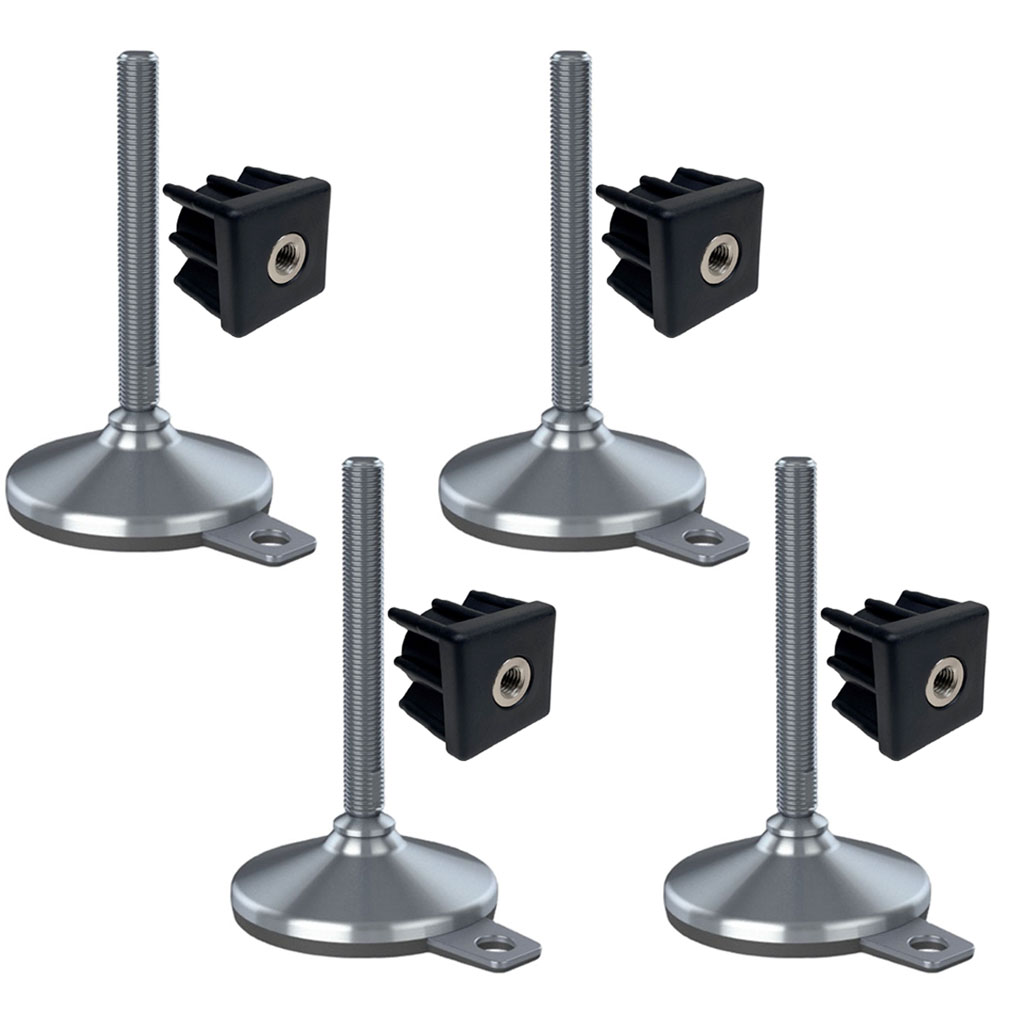 Ruostumaton jalka 16x150x105mm, tyyny ja kiinnitysreikä + insertit 40x40x1.5mm - 4 kpl:n sarja.