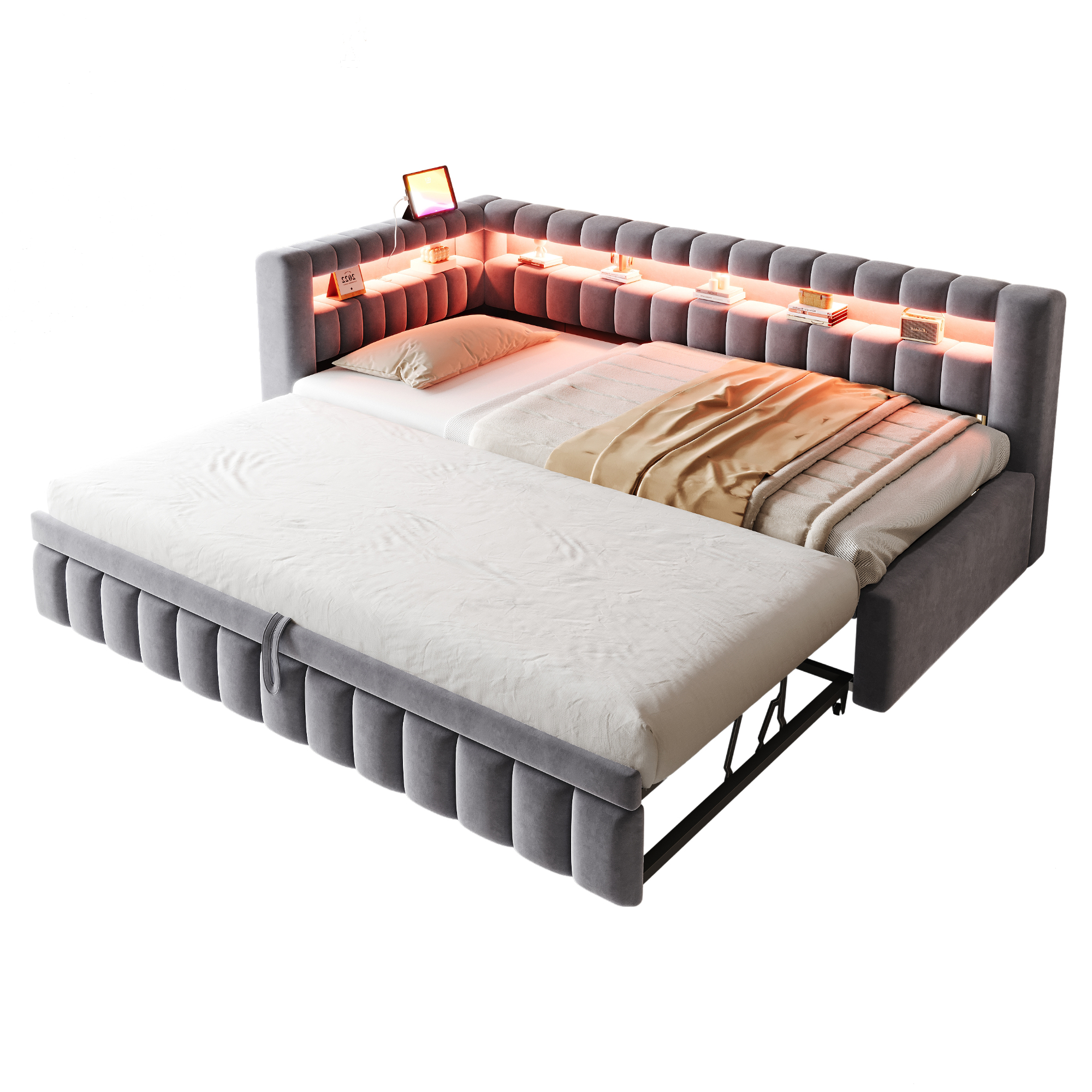 sänky 90x200 cm LED-valaistus säilytystila laatikot tumma harmaa kangas
