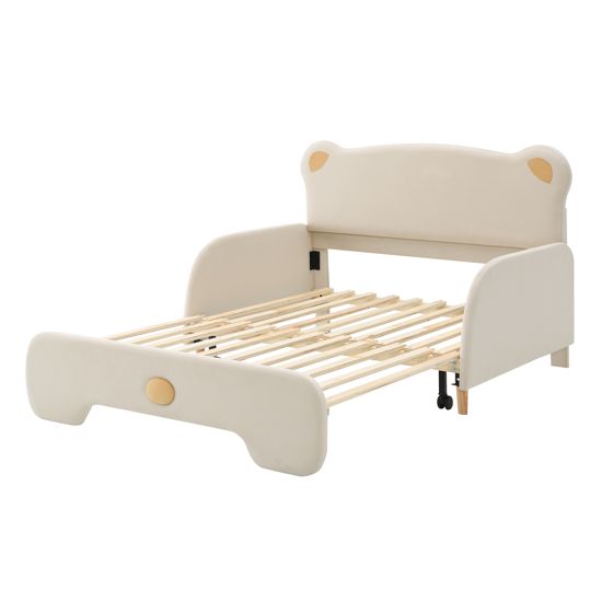Verhoiltu sänky 140x105cm ja 140x200cm, karhunmuotoinen parisänky, lastensänky, ulosvedettävä sänky suojareunoilla, sametti, beige