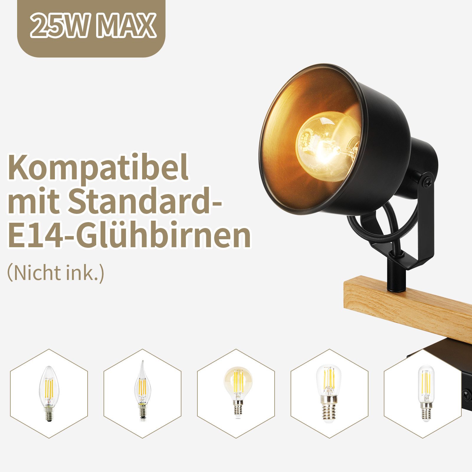 NETTLIFE-kattospottivalaisin, 4 liekkiä, säädettävä 350°, vintage-tyylinen, E14, korkealaatuinen muotoilu, puunsyykuviointi