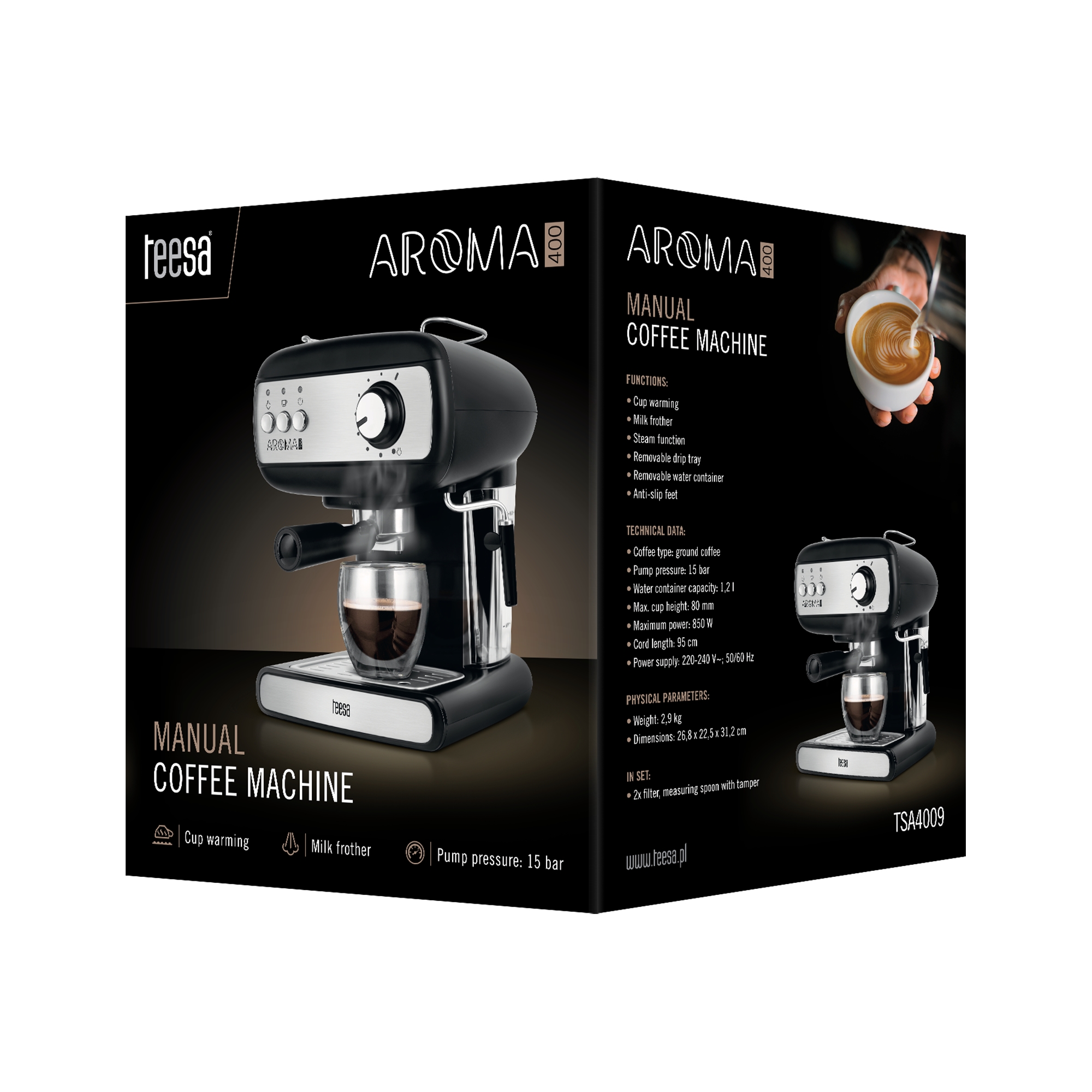 Teesa Aroma 400 painekahvinkeitin vaahdottimella 15 bar 850W