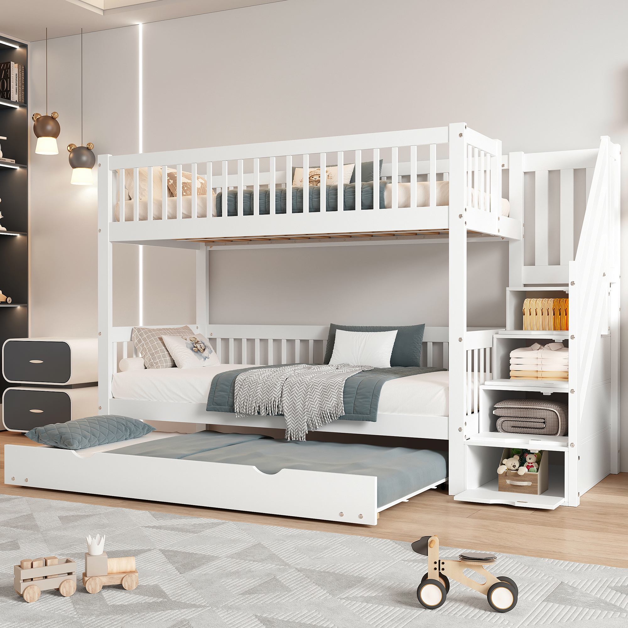 Etagenbett 90x200 cm turva-aidat kaikilla puolilla säilytystila laatikko valkoinen puinen ja MDF