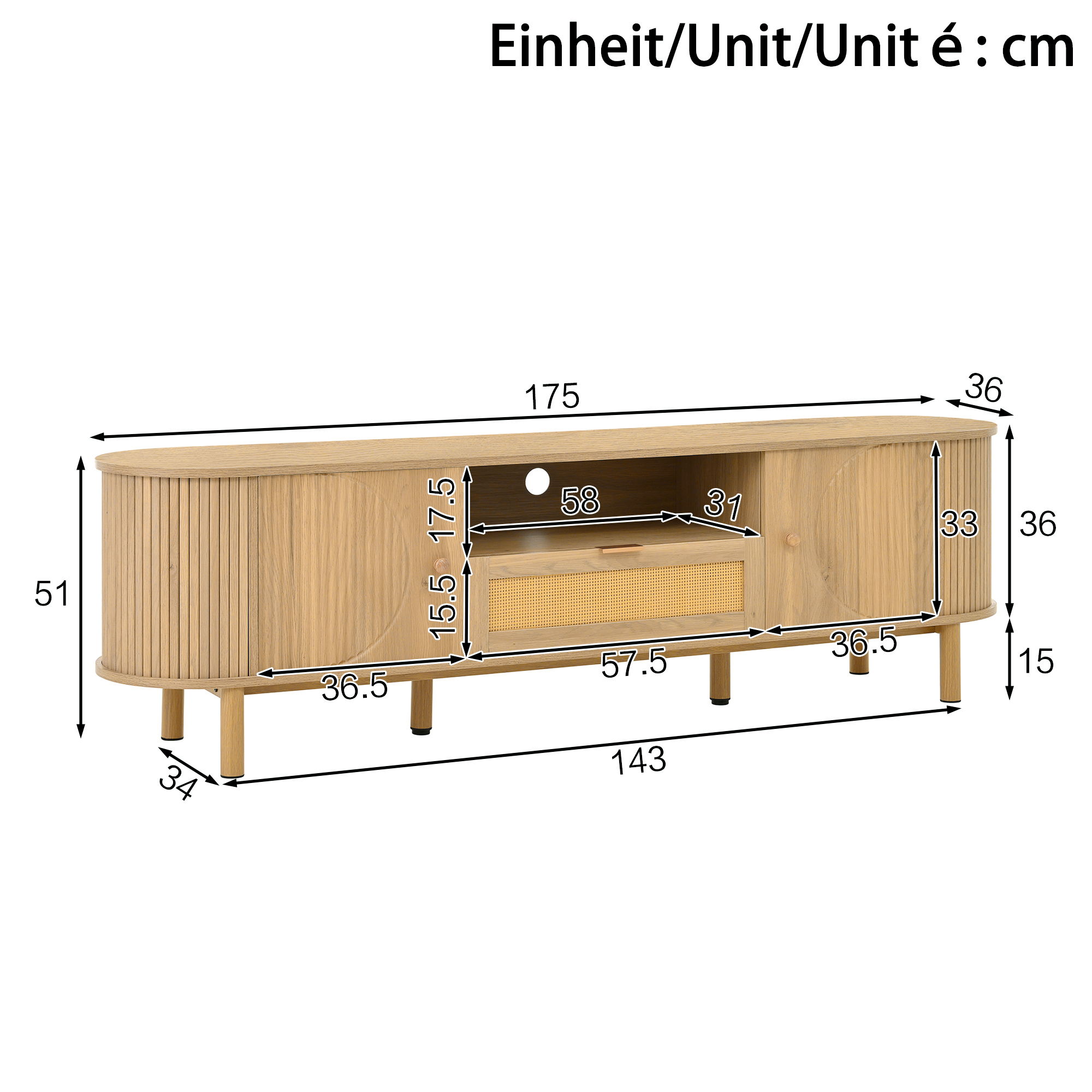 TV-taso 175x36x51 cm luonnonväriinen MDF metallijalat säilytyksellä ja johtoaukoilla