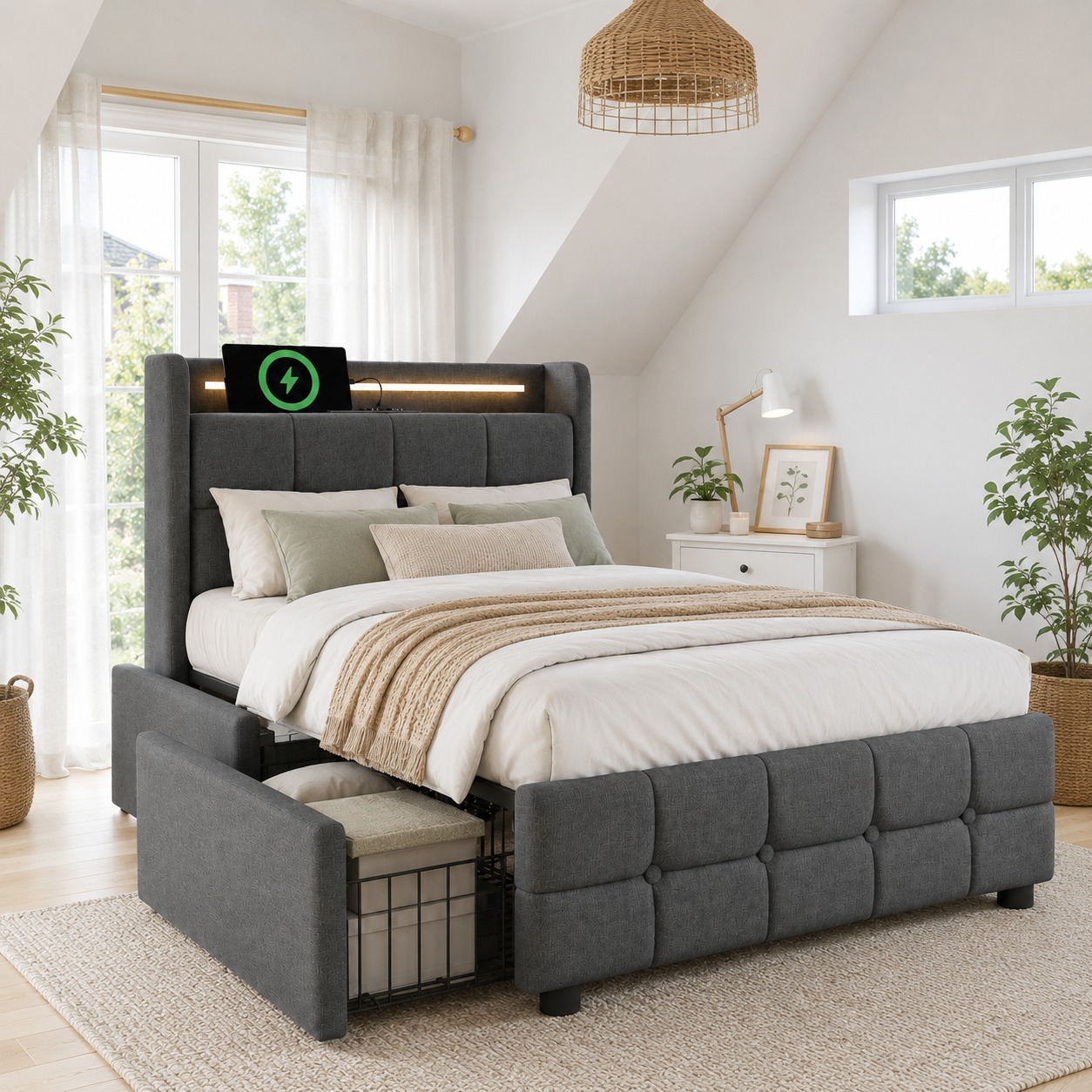 sänky 90x200 cm LED-valaistus turva-aidat säilytystila laatikot harmaa puinen