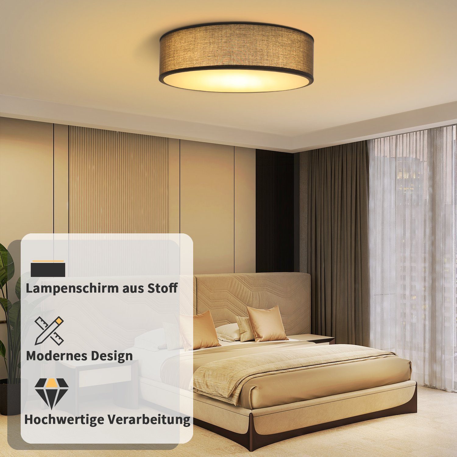 NETTLIFEKattovalaisin 30CM, E27 pyöreä, harmaa Kangas, 1- lamppuinen, moderni makuuhuonevalaisin, max. 40W, olohuoneeseen Keittiöön, eteiseen