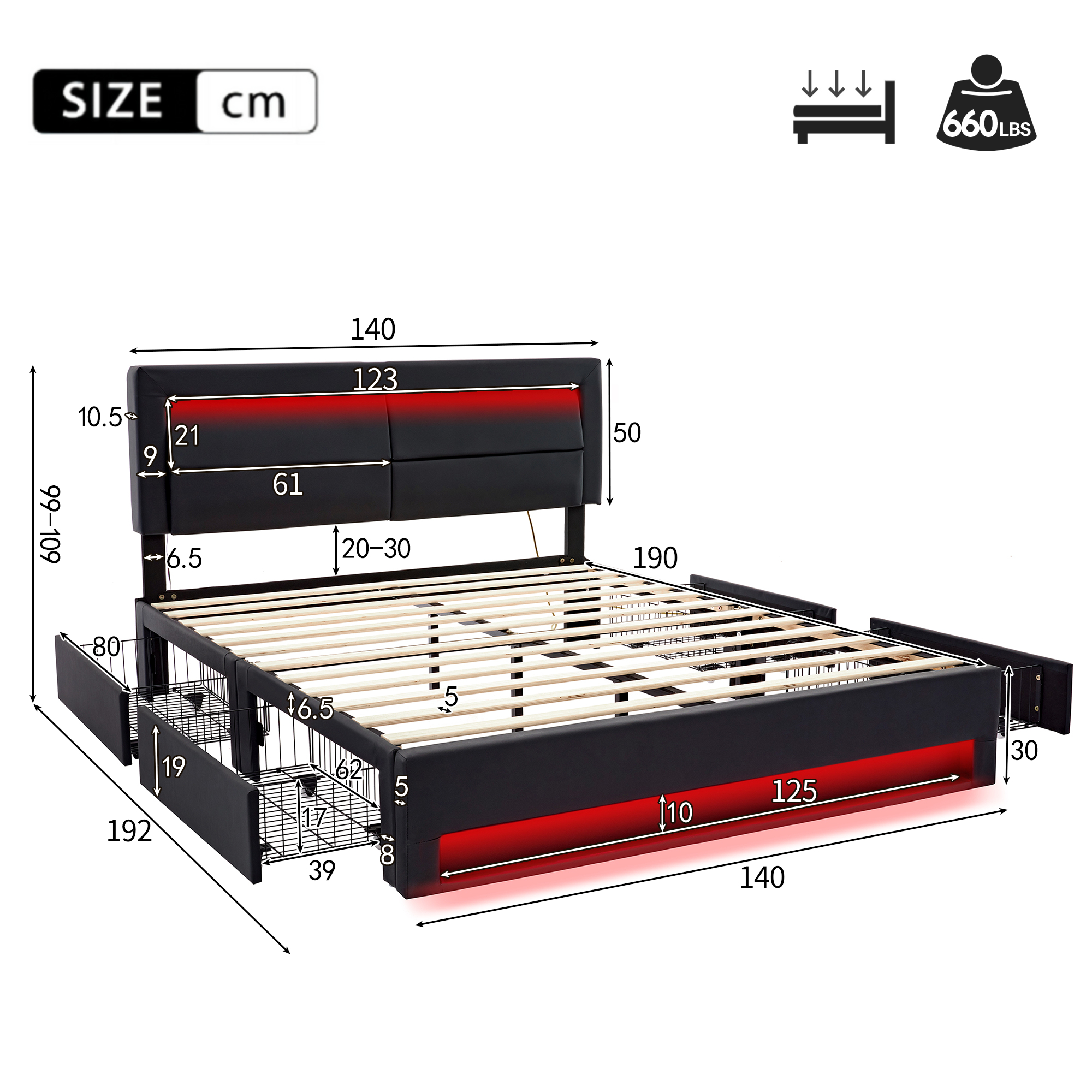 Verhoiltu Sängynrunko 140x190cm, USB-portti, LED-valaistus, Musta