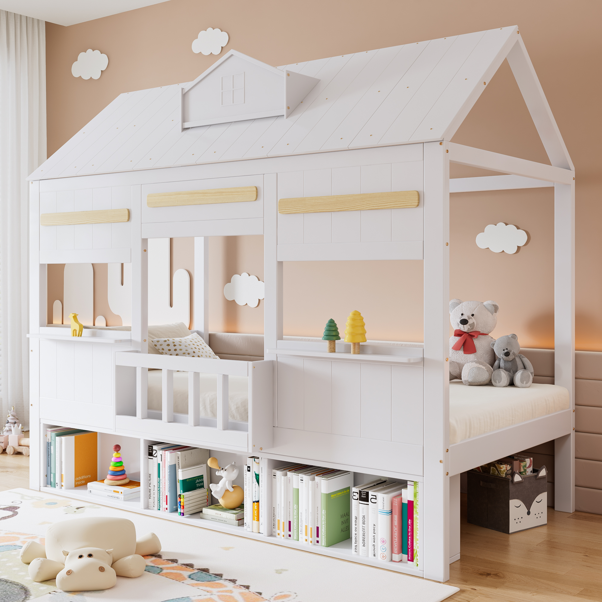 Vuodesänky 90x200 cm valkoisena yhdellä kirjahyllyllä