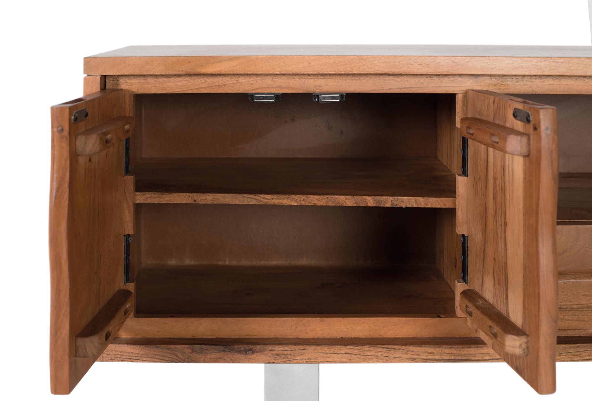 TV-taso luonnonväristä akaasiapuusta ja hopeanvärisestä metallista