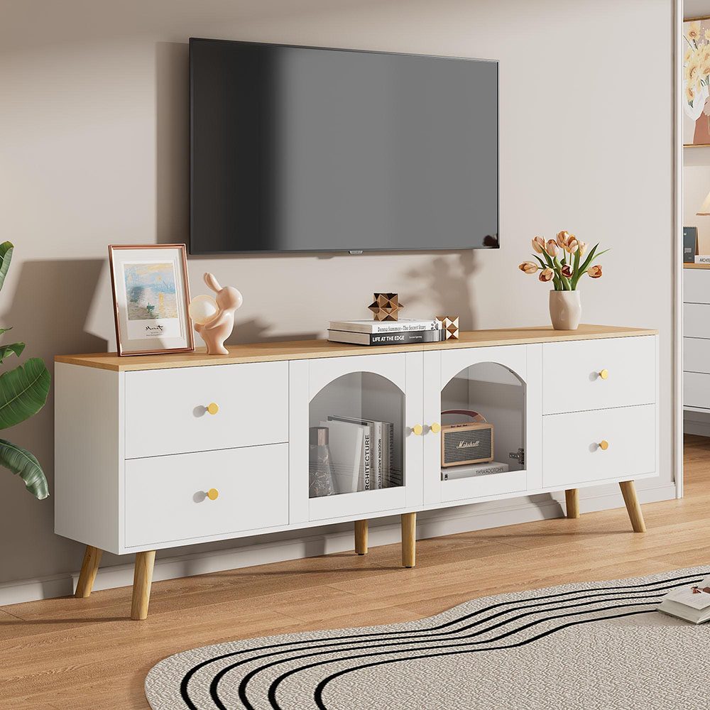 Valkoinen TV-taso säilytystilalla