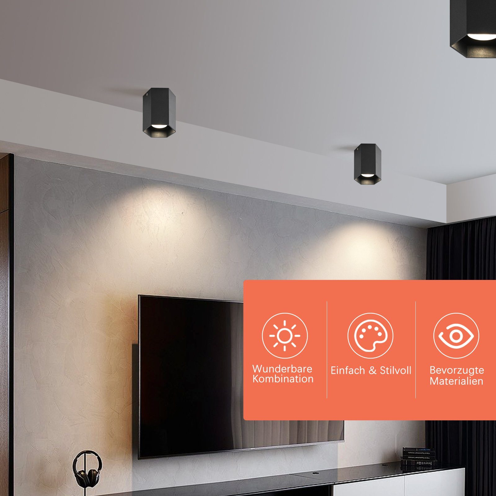 NETTLIFE GU10 - spottivalaisin, musta, kuusikulmainen, kohdevalaisin, max. 40 W, olohuoneen ja käytävän lamppu