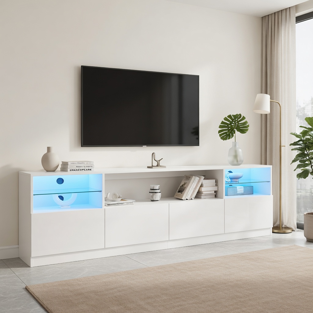 TV-taso 180x35x60 cm valkoinen lastulevy säilytyksellä ja LED-valaistuksella