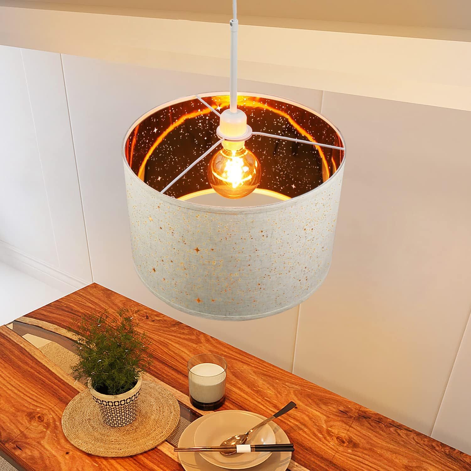 NETTLIFE valkoinen metallinen riippuvalaisin, halkaisija 38 cm, E27, 38 cm, moderni, kangasvarjostimella ilman lamppua