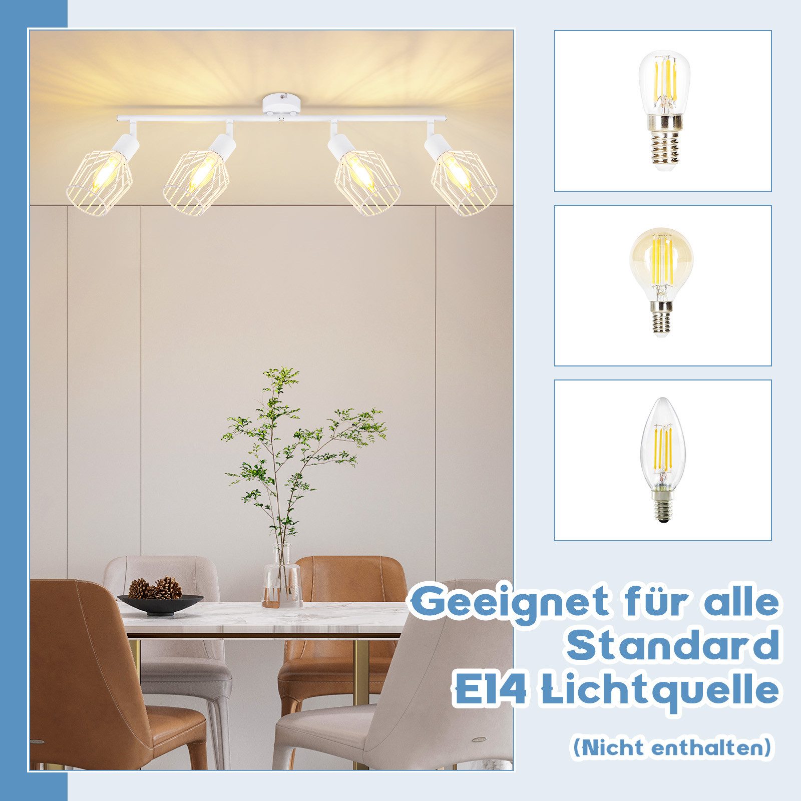 NETTLIFE 4 E14 - kattospottivalaisinta - metallia, 350° kääntyvä teollinen eteisvalaisin, seinävalaisin eteiseen ja olohuoneeseen, valkoinen