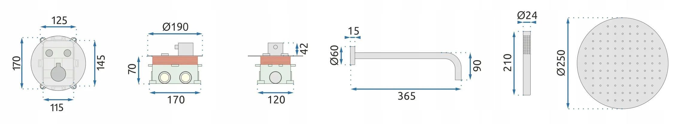 REA upotettava suihkusetti LUNGO titaani, 36,5X25X9CM