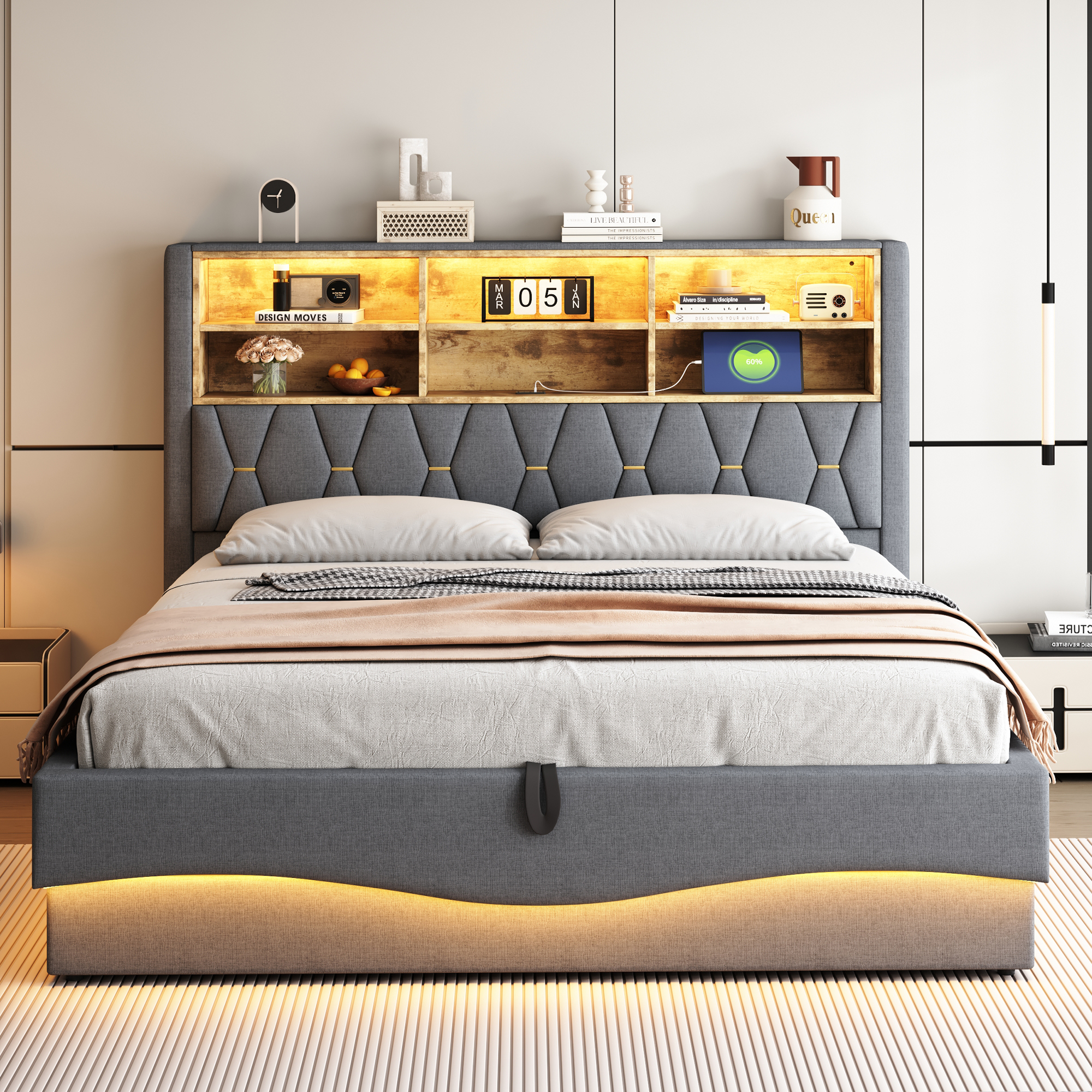 Älykäs verhoiltu sänky, 180x200cm, App LED, hydraulinen säilytystila harmaalla pellavalla