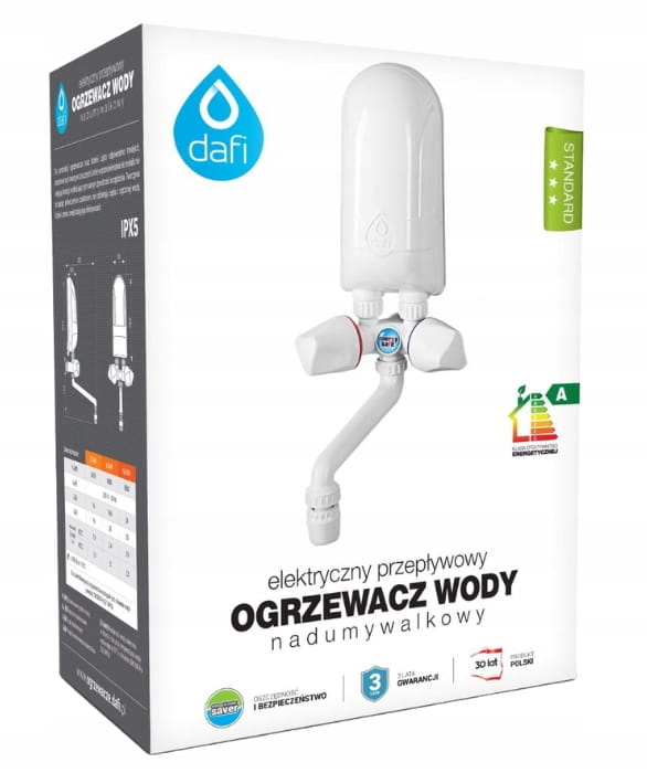 3,7 kW:n läpivirtausvesivaraaja tiskialtaan päälle asennettavaksi valkoisella hanalla