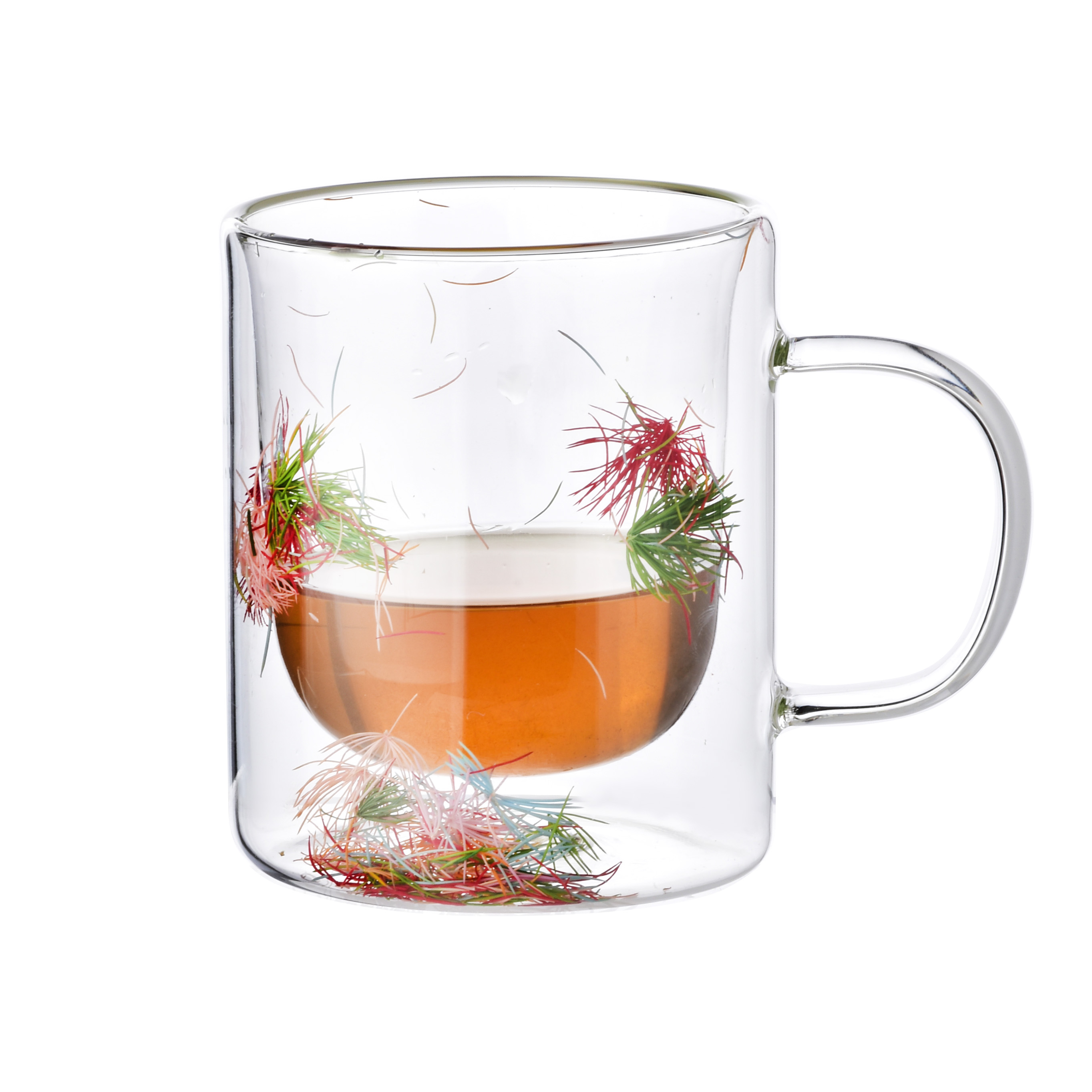 Allesken, Kaksiseinäinen borosilikaattilasi muki kuivatuilla kukilla, 300 ml, P:12,5 cm x L:8,5 cm x K:10 cm