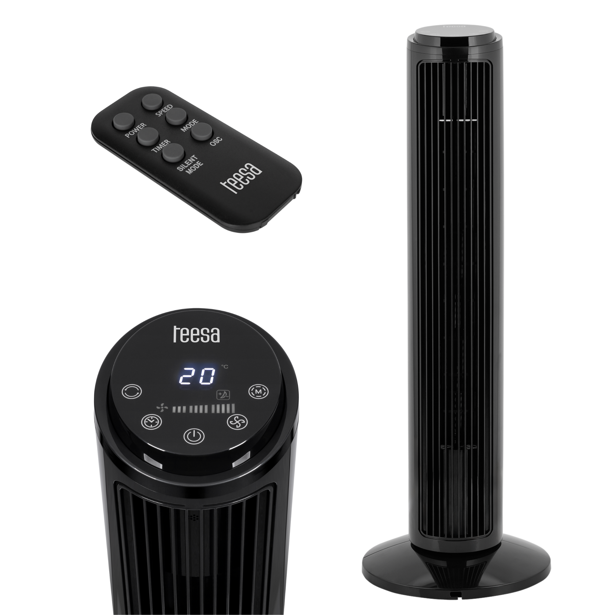 Pylvästuuletin, lattiatuuletin, hiljainen ajastin, kaukosäädin, Teesa