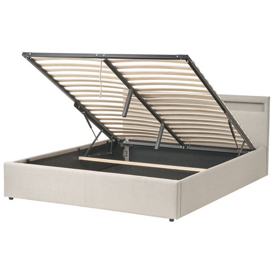 Sänky säilytystilalla ja LED-valolla kangas ARMELLE 160 x 200 cm Beige