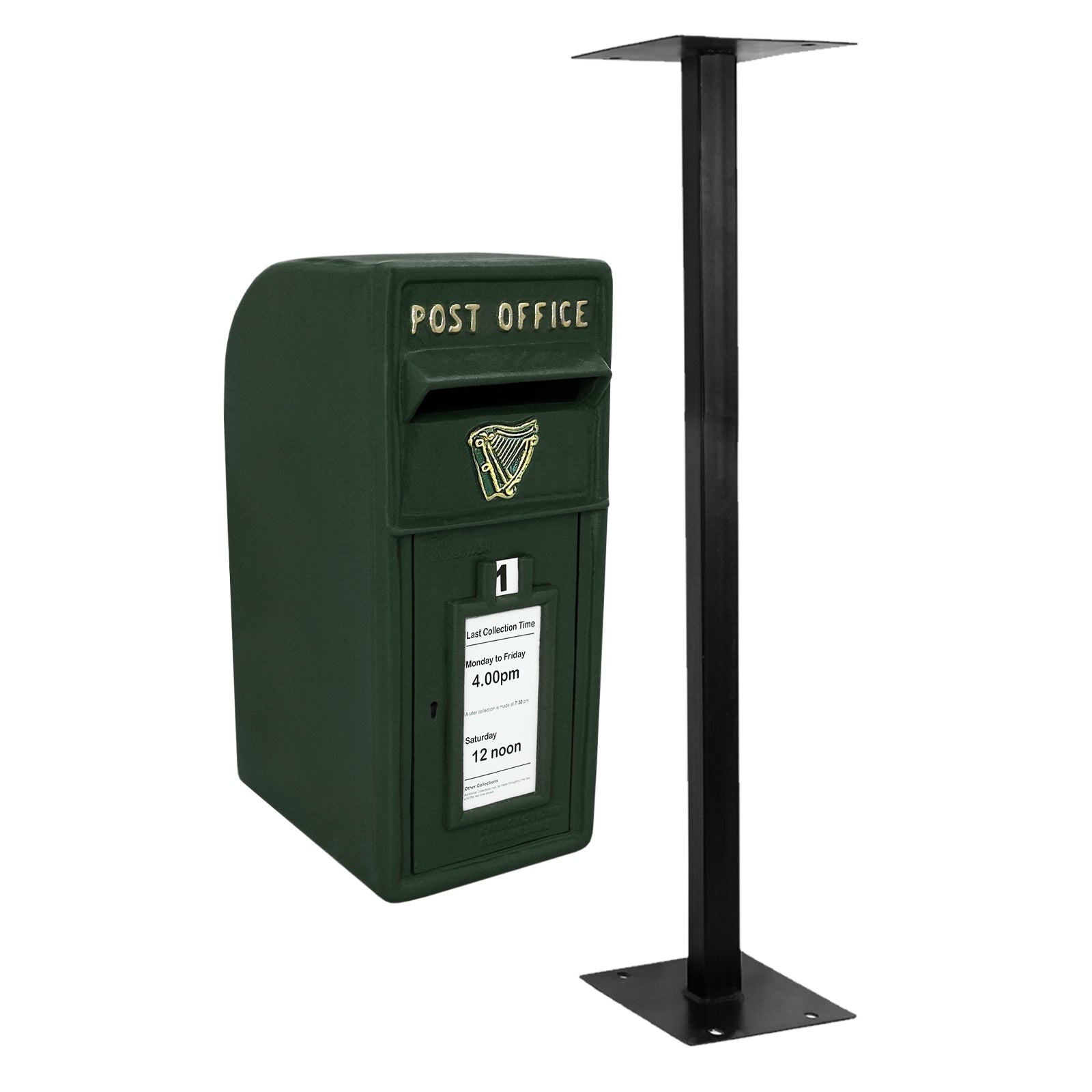 Vihreä irlantilainen postilaatikko jalustalla