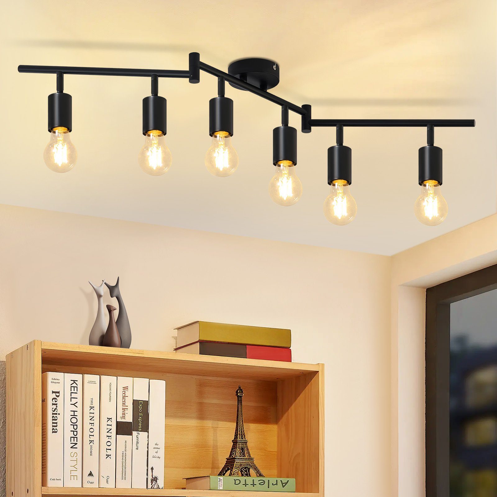 NETTLIFE Kattospotti musta E27 vintage 6 liekkikattovalaisin säädettävä 350° teollisuuskäyttöön