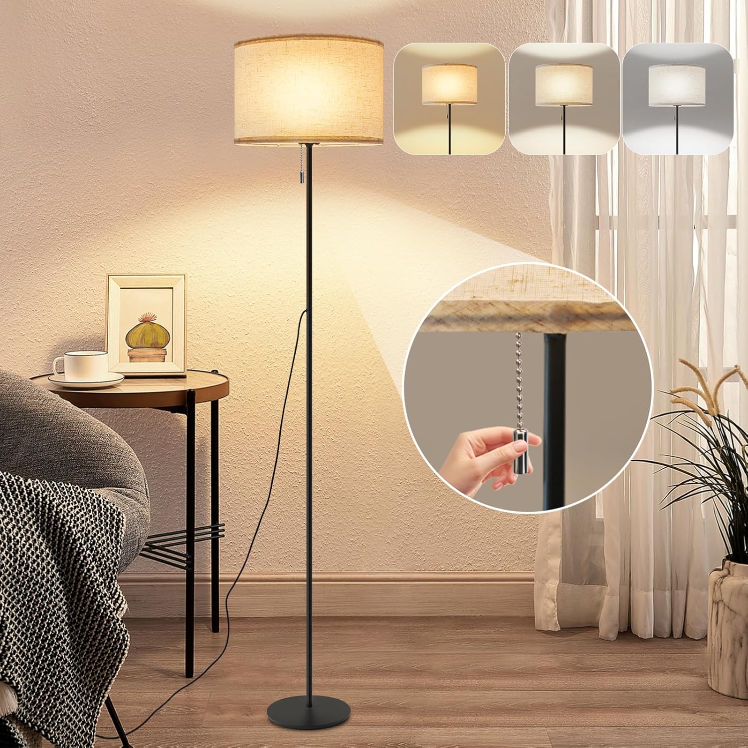 ZMH LED-retrolattiavalaisin himmentimellä, kangasvarjostin, olohuoneeseen ja kaapelikytkimellä