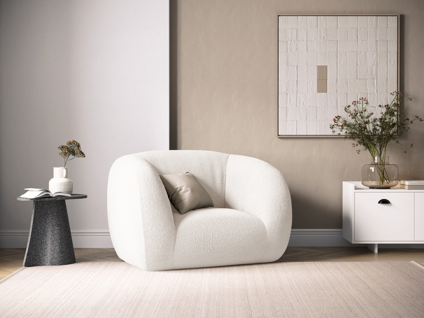 Cosmopolitan Design bouclé-nojatuoli, "Essen", 1-istuttava, 130 × 95 × 86 cm, Baloo, mustat muovijalat