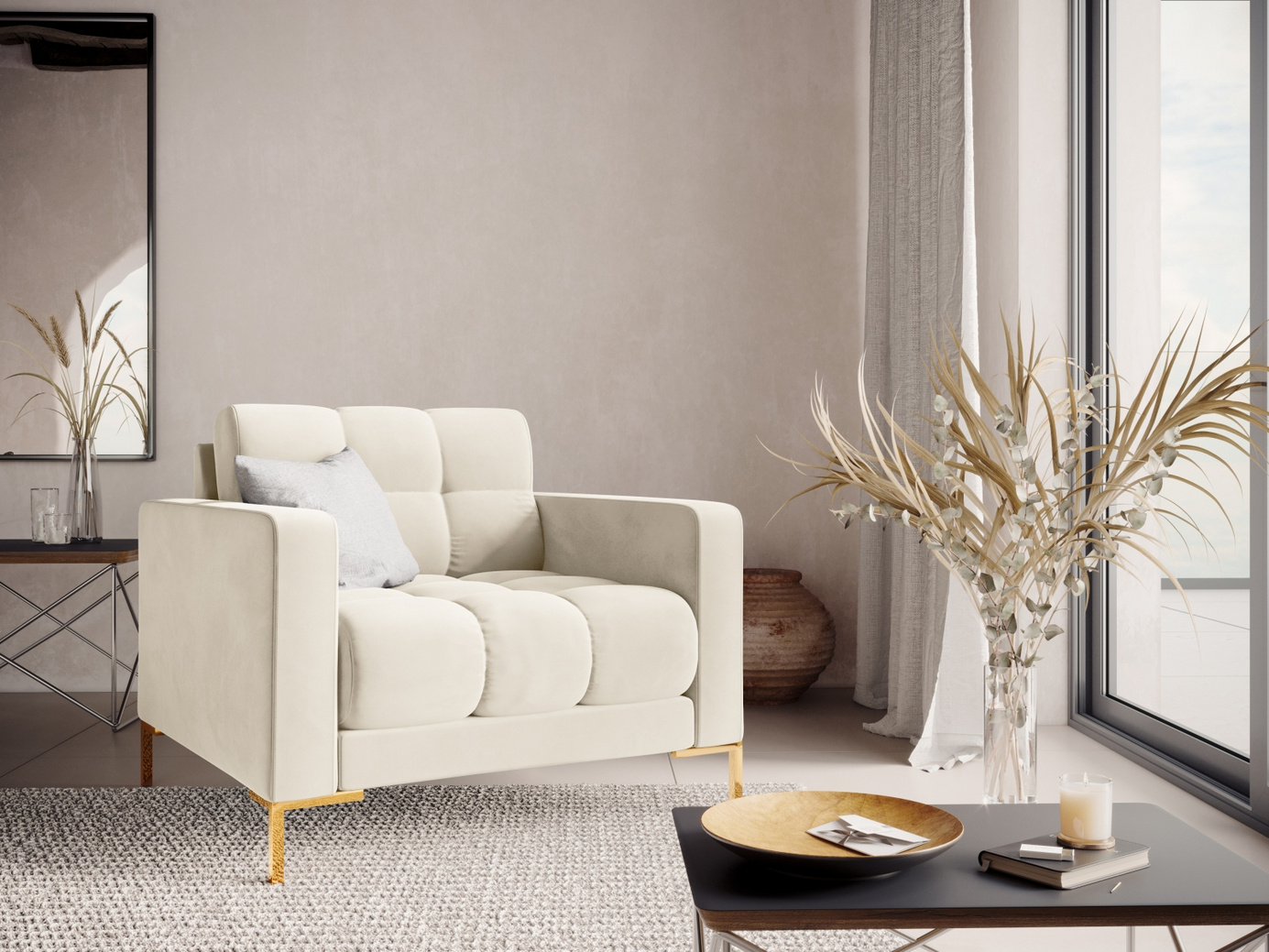 Cosmopolitan Design samettinojatuoli, "Bali", 1-istuttava, 87 × 96 × 75 cm, Bluvel, kullanväriset metallijalat