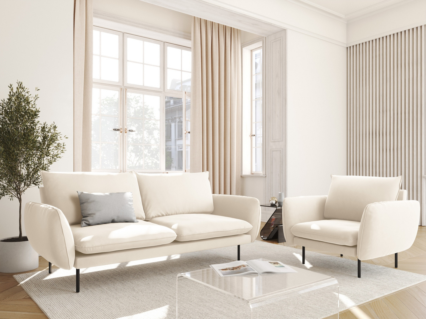 Cosmopolitan Design samettinojatuoli, "Vienna", 1-istuttava, 97 × 94 × 95 cm, Bluvel, mustat metallijalat