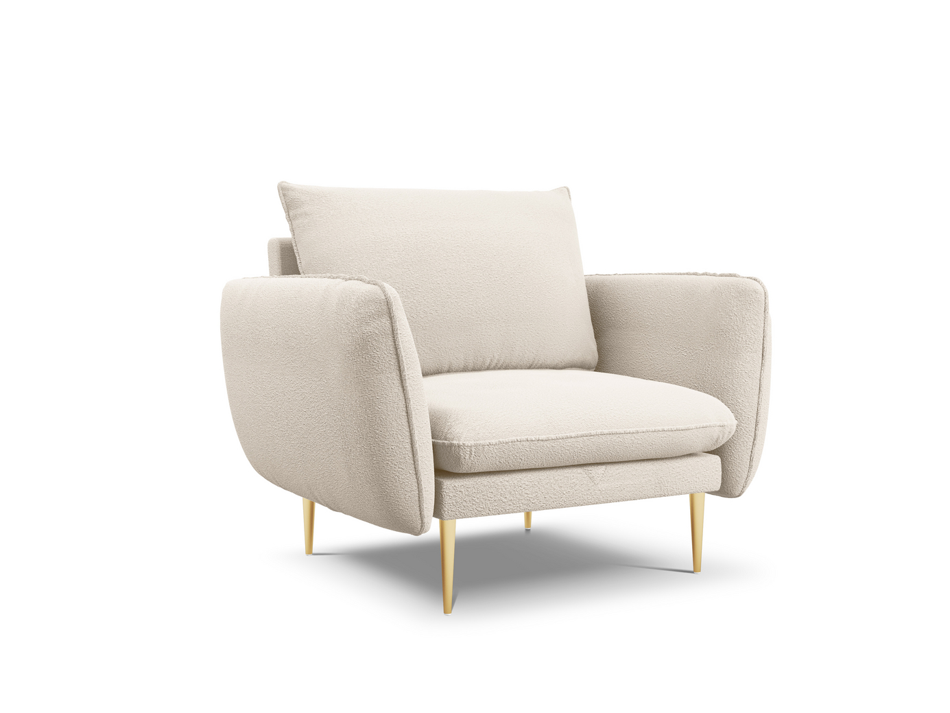 Cosmopolitan Design bouclé-nojatuoli, Vienna, 1-istuttava, 97 × 94 × 95 cm, Ascot, kullanväriset metallijalat