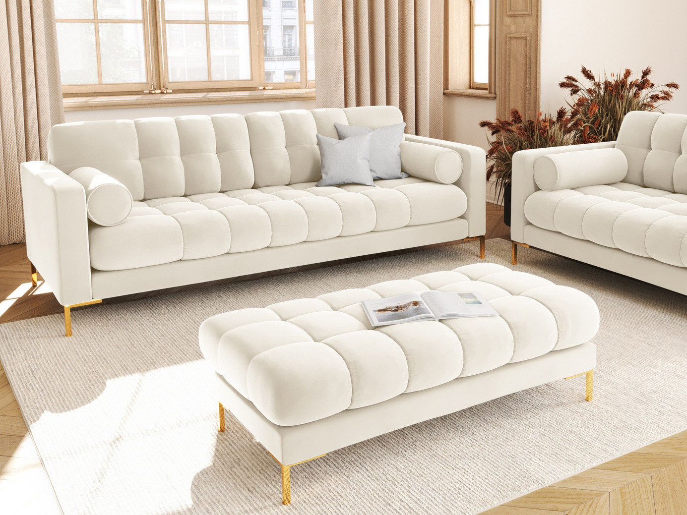 Cosmopolitan Design samettipenkki, "Bali", 2-istuttava, 133 × 62 × 40 cm, Bluvel, kullanväriset metallijalat