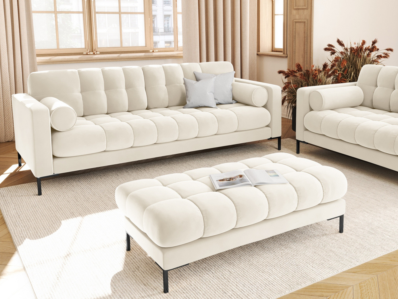 Cosmopolitan Design samettipenkki, "Bali", 2-istuttava, 133 × 62 × 40 cm, Bluvel, mustat metallijalat