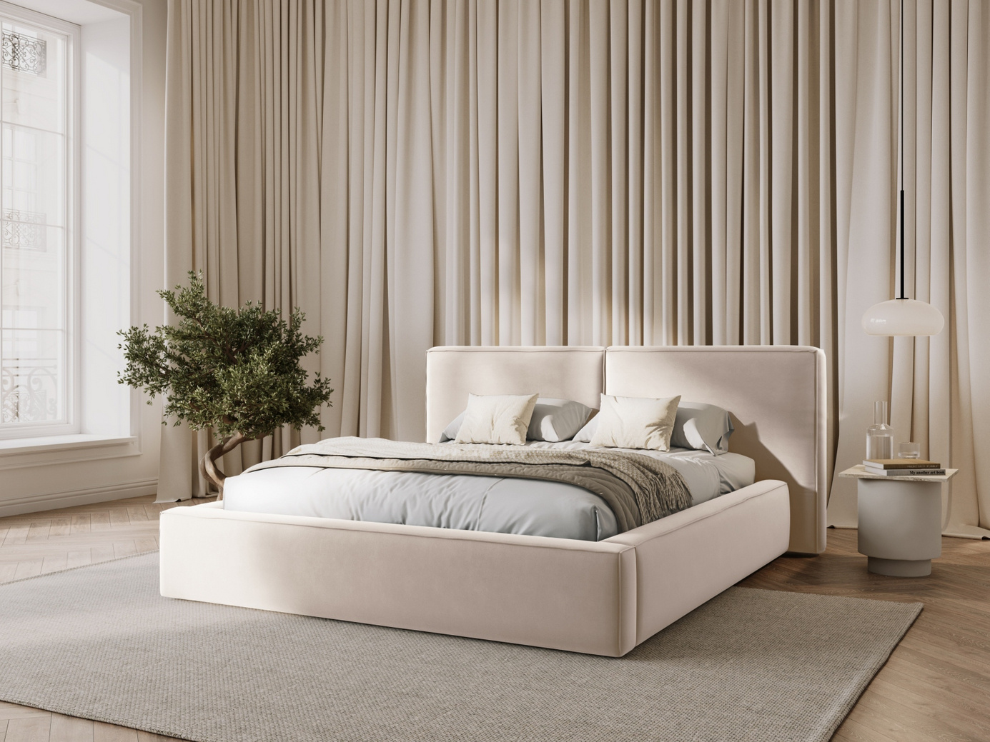 Cosmopolitan Design samettisänky säilytystilalla ja kaksoissängynpäädyllä, "Arendal", 251 × 228 × 97,5 cm, Bluvel, mustat muovijalat
