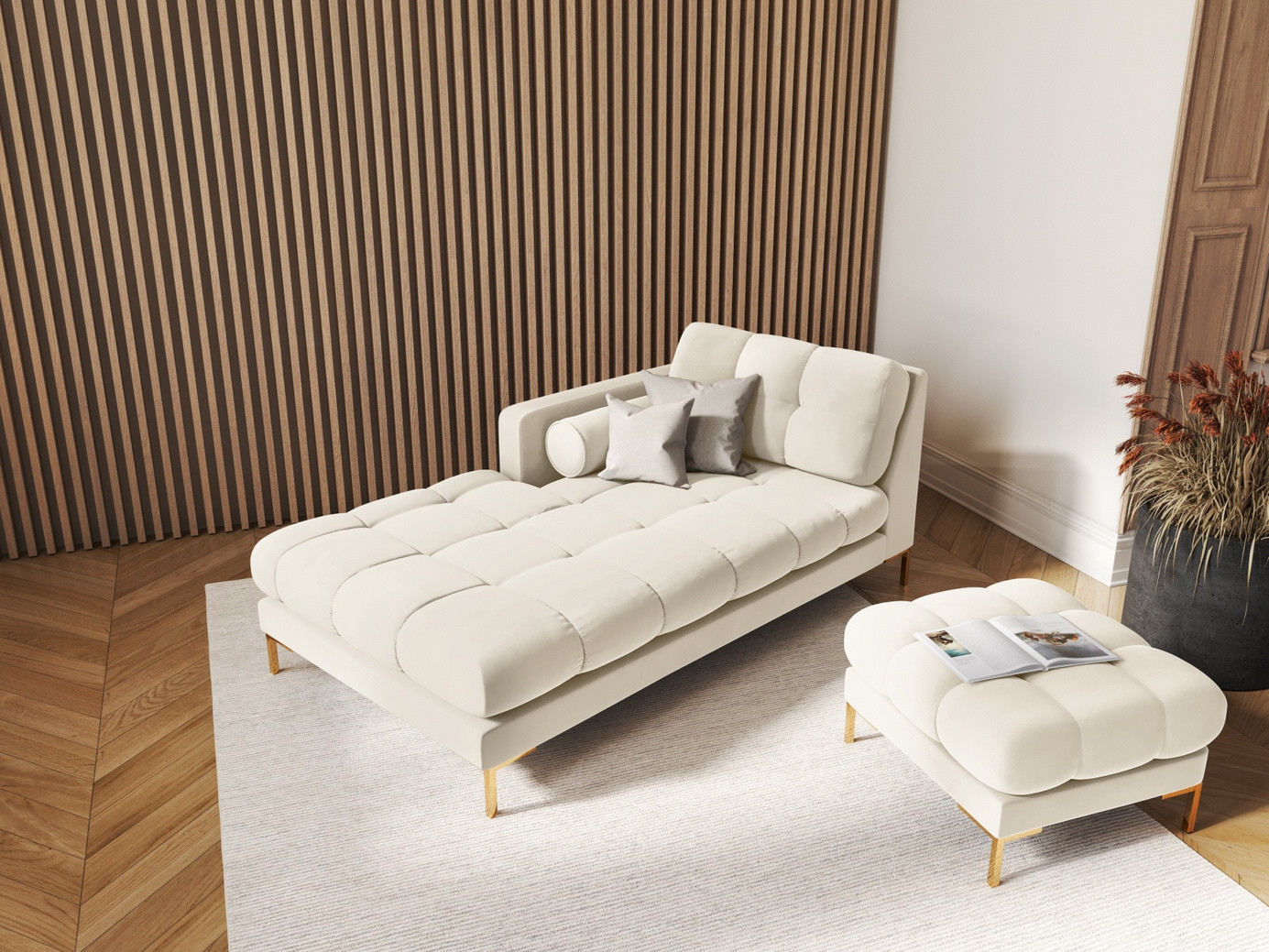 Cosmopolitan Design vasenkätinen samettidivaani, "Bali", 1-istuttava, 102 × 185 × 75 cm, Bluvel, kullanväriset metallijalat