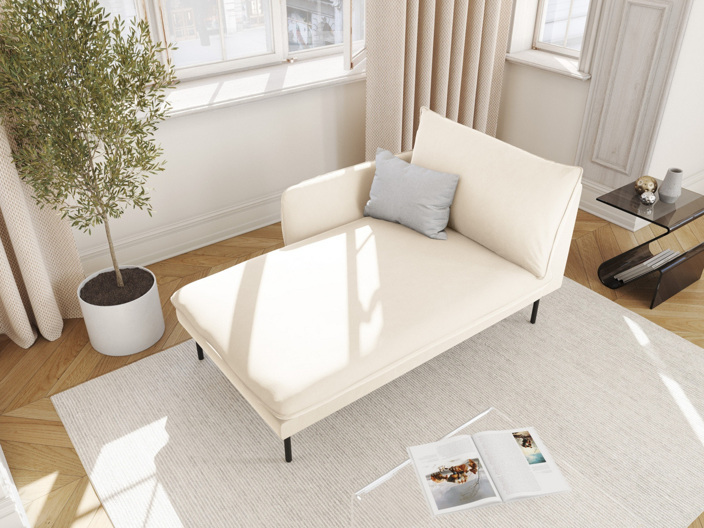 Cosmopolitan Design vasenkätinen samettidivaani, "Vienna", 1-istuttava, 110 × 170 × 95 cm, Bluvel, mustat metallijalat